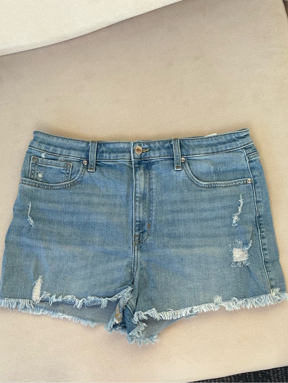 eunina Light Blue Lulu Super High Rise Denim Cutoff Shorts, Size L
